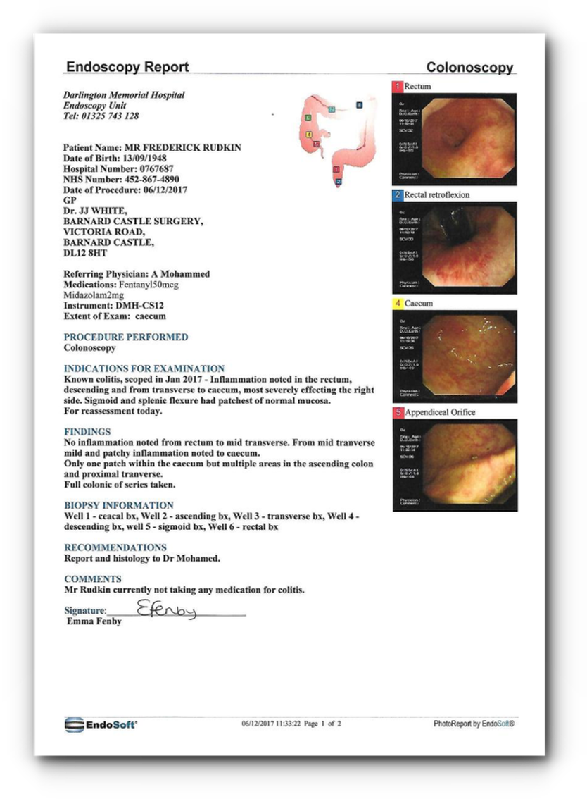 Picture of medical evidence of his colitis healed
